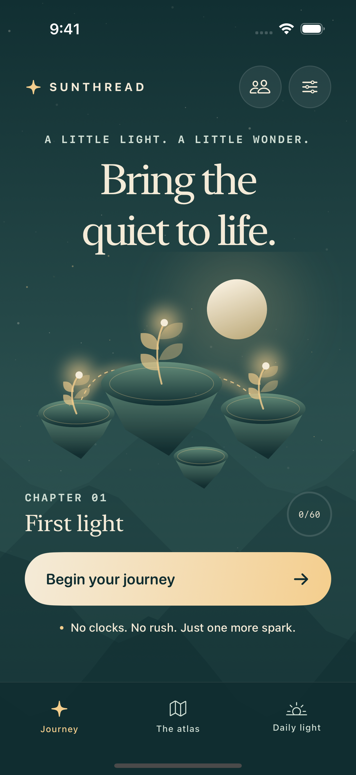 Sunthread's home screen with floating illuminated islands beneath a golden moon